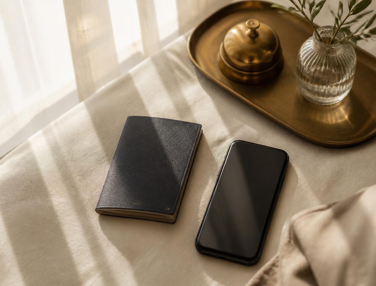 A passport and phone on a linen surface in soft morning light