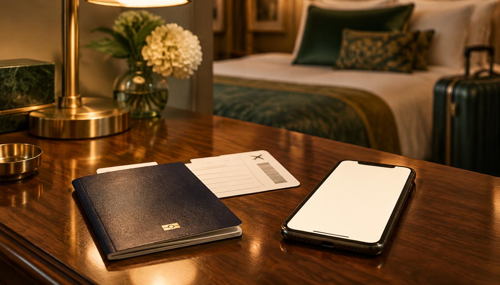 Passport, boarding pass and smartphone on a hotel desk