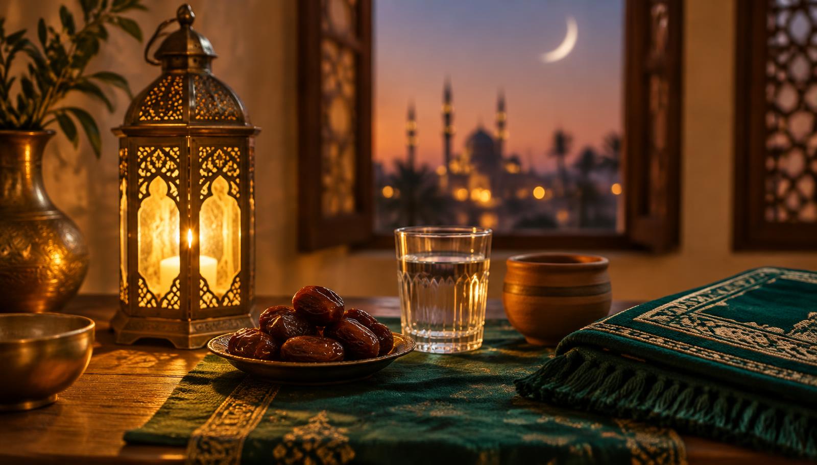 Dates, water and a lantern on an iftar table at dusk